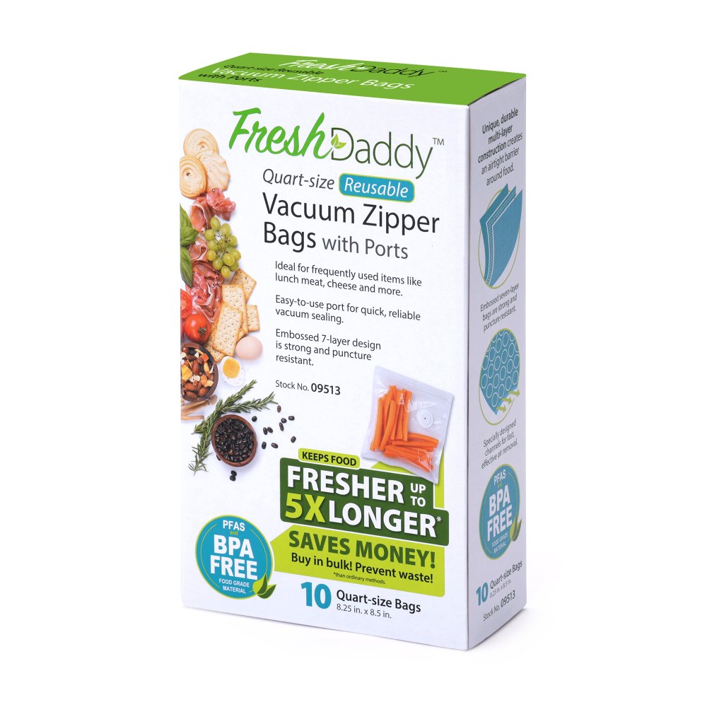 FreshDaddy™ Quart-size Reusable Vacuum Zipper Bags with Ports for Presto® Vacuum Sealers